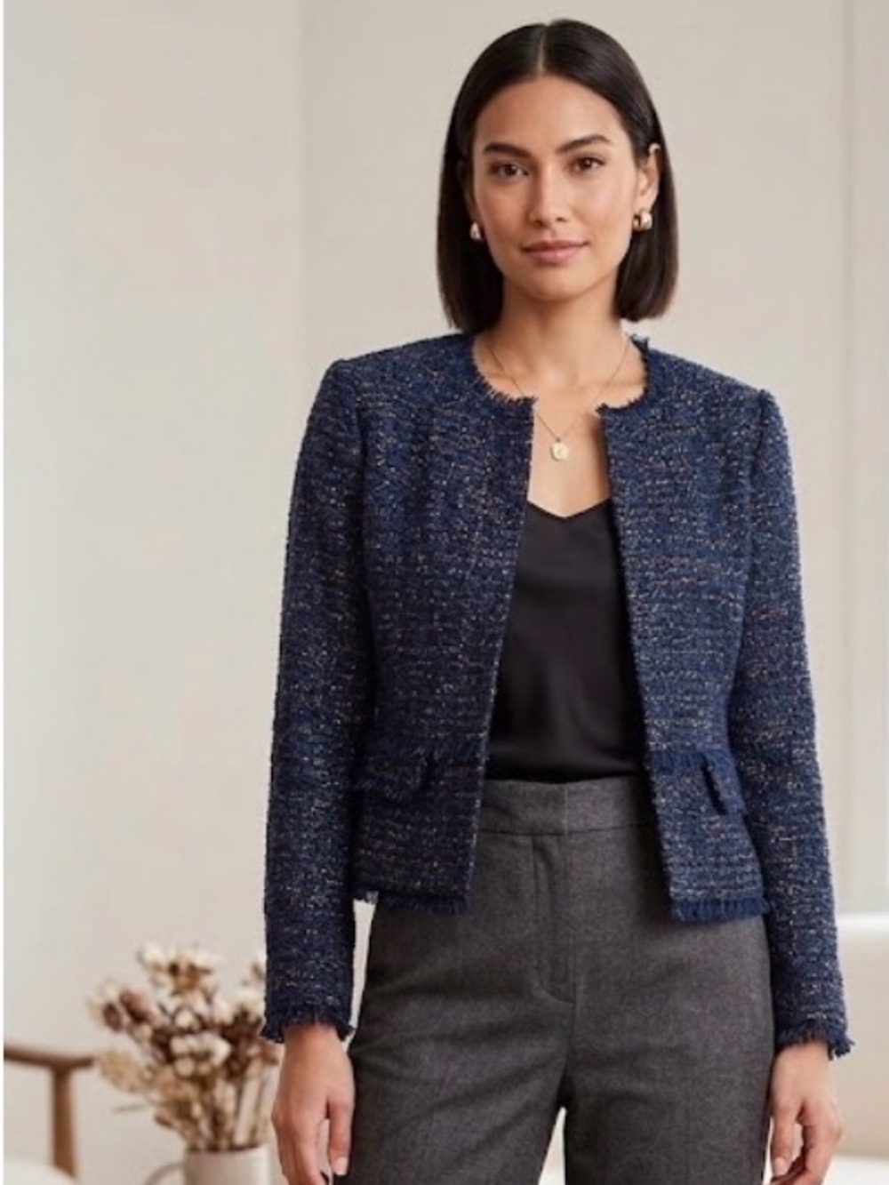 Ann Taylor Black Tweed Fringe-Trim Cropped Blazer